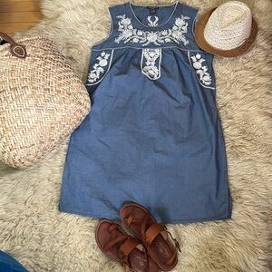 NWOT Chelsea & Theodore Blue Midi Dress with White Embroidery Dress
